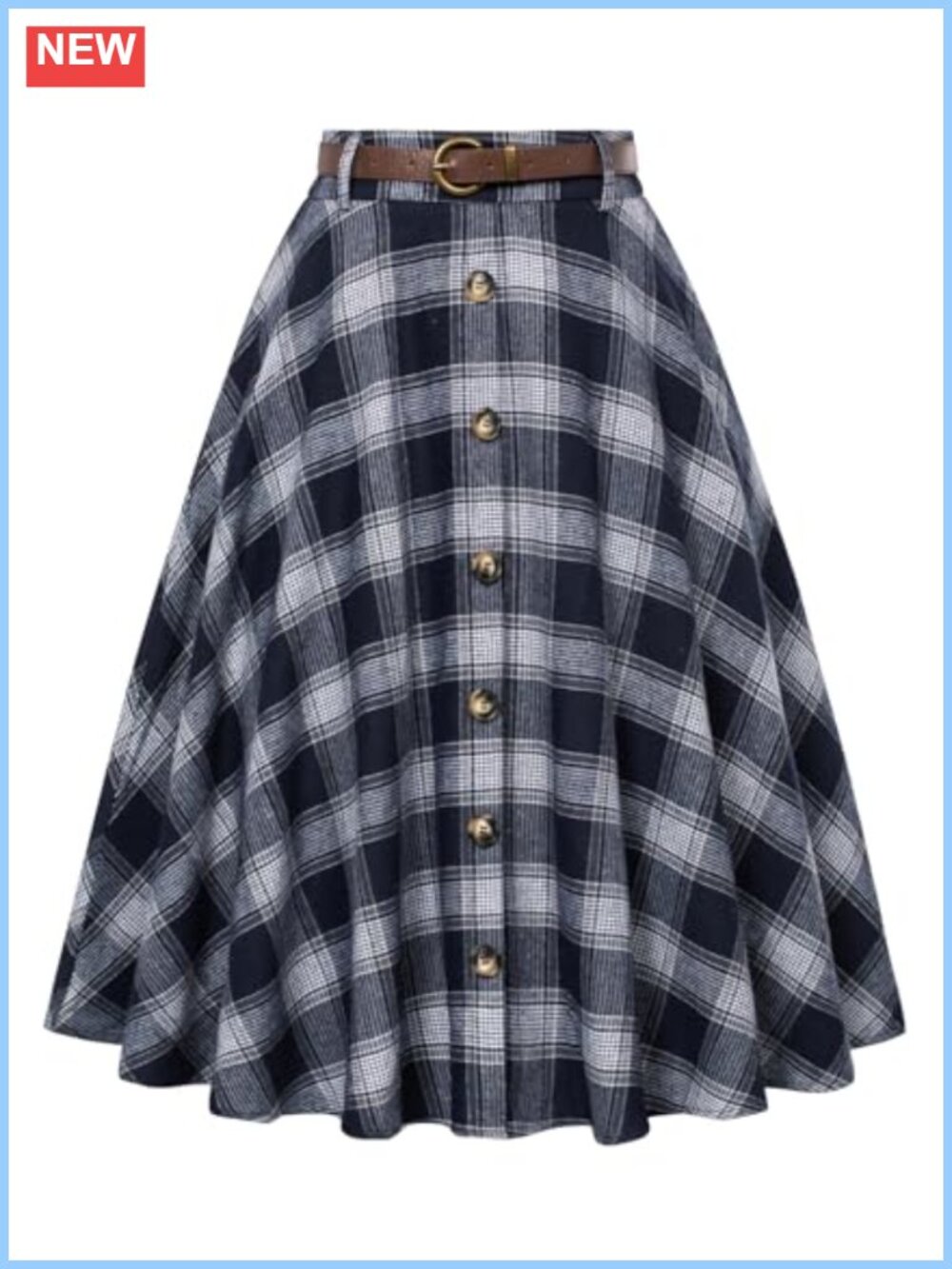 Plaid A-line Midi Skirt High Rise Pleated Flared with Pockets & Belt